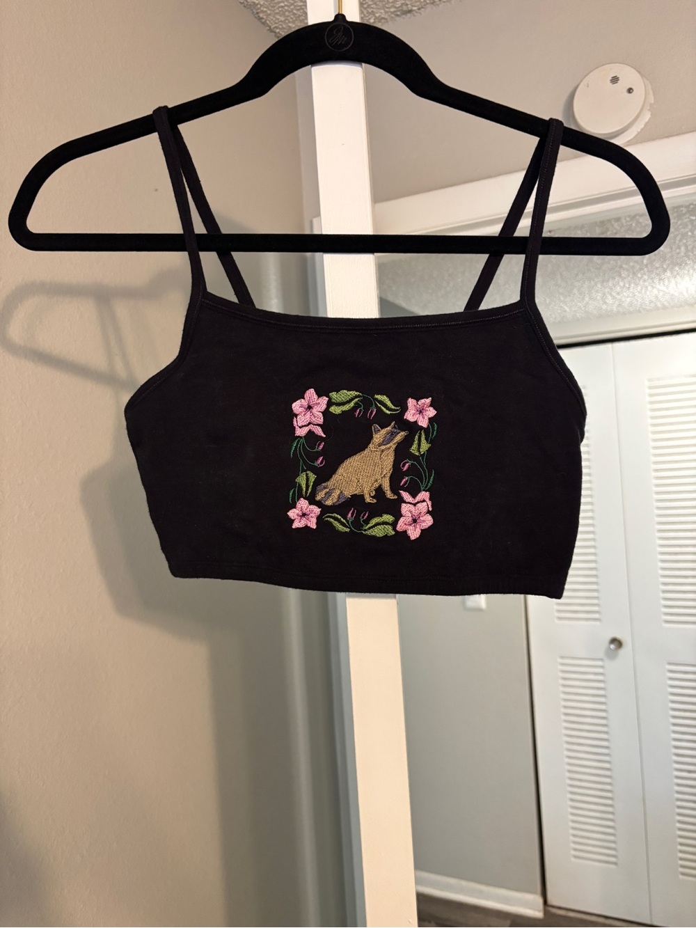 Raccoon and Floral Embroidered Cotton Sports Bra